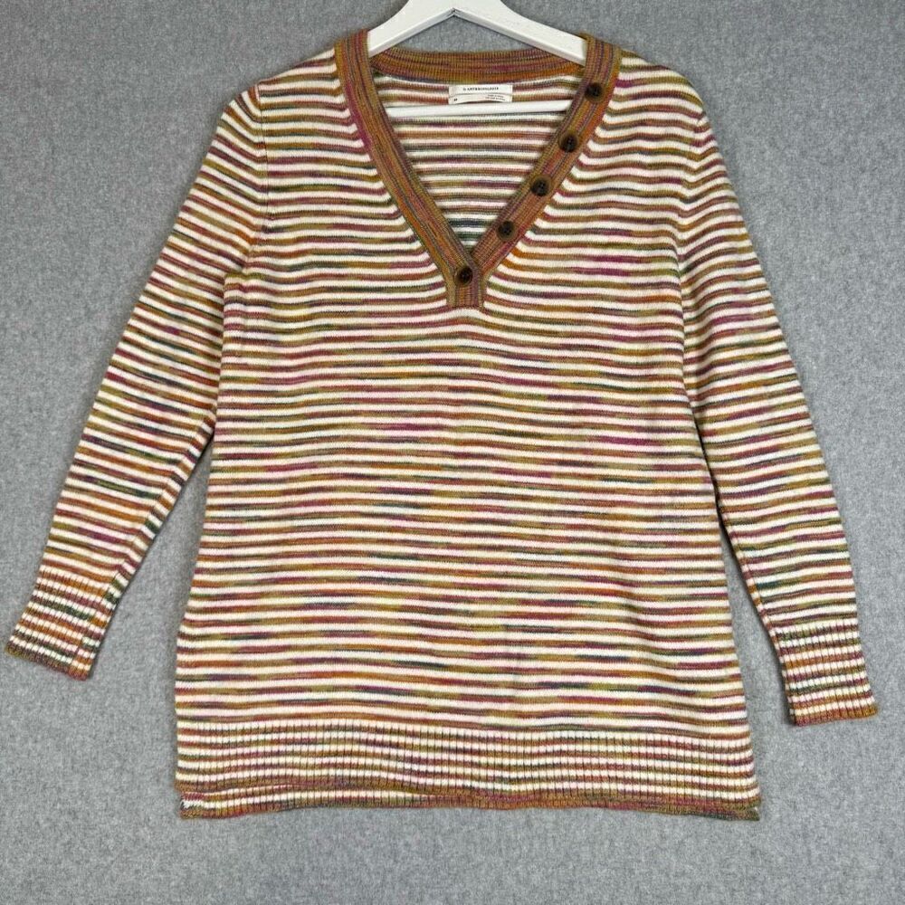 Anthropologie Womens Size XS Serena Striped V Neck Sweater Brown Tan Multicolor